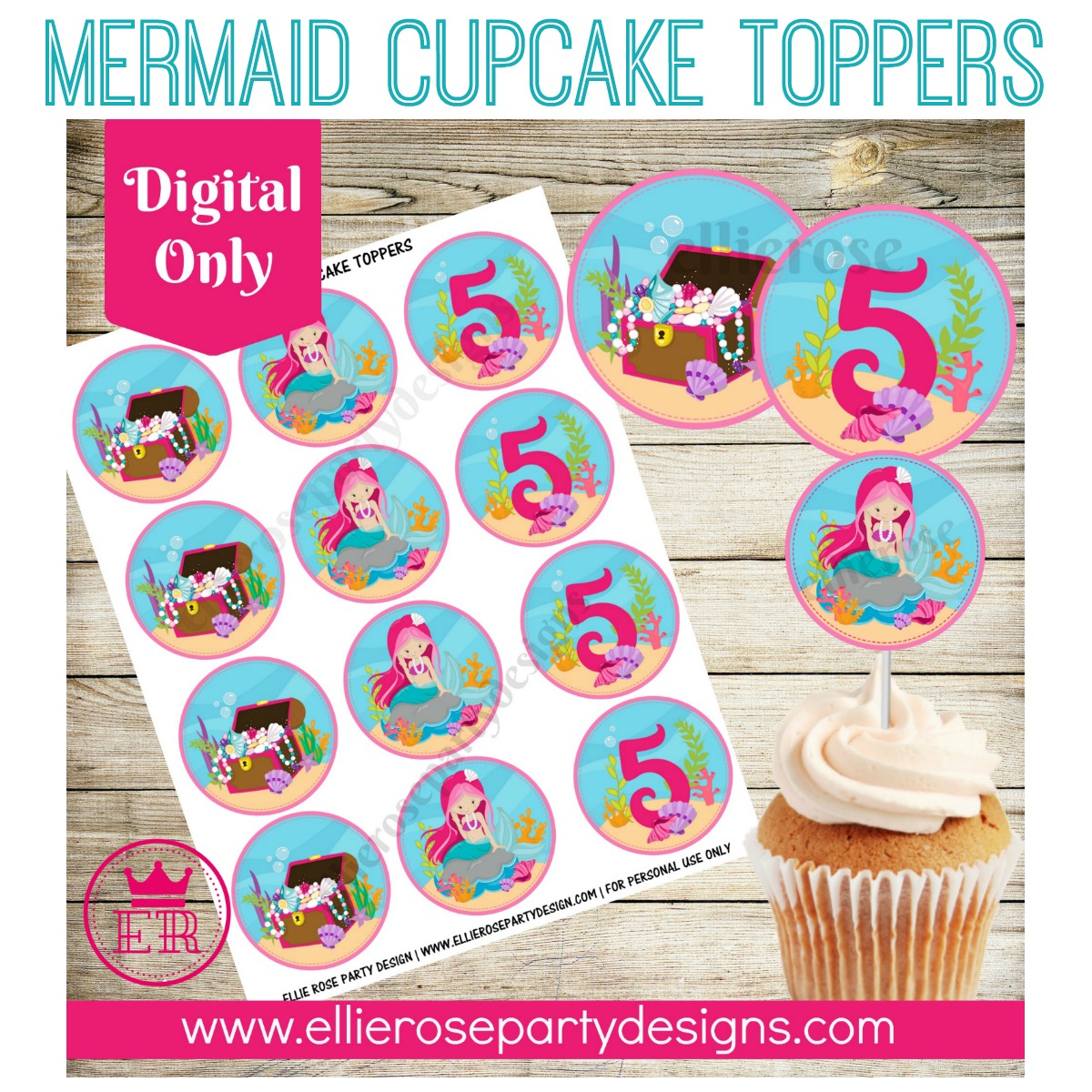 MERMAID CUPCAKE TOPPERS PRINTABLE - ellierosepartydesigns.com
