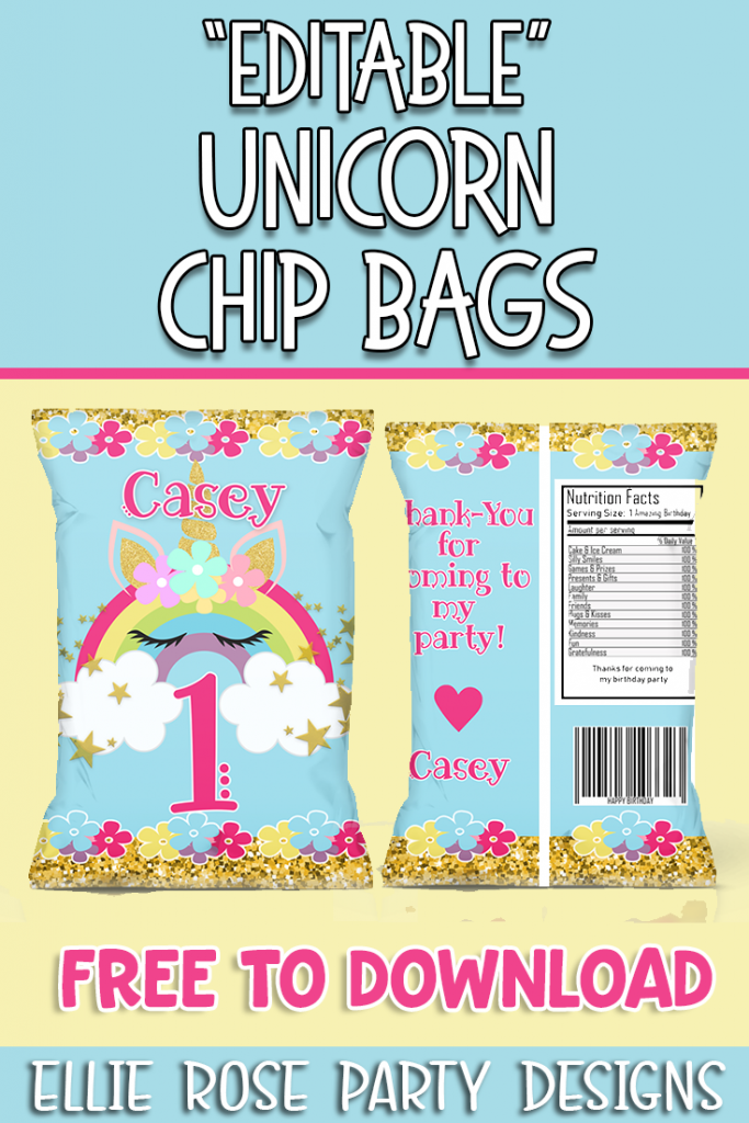 Unicorn Editable Chip Bag | Ellierosepartydesigns.com