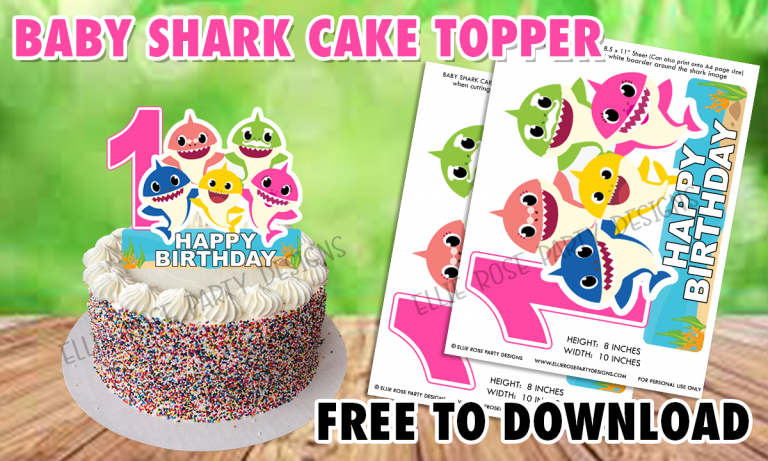 Free Pink Baby Shark Cake Topper Printables | Ellierosepartydesigns.com