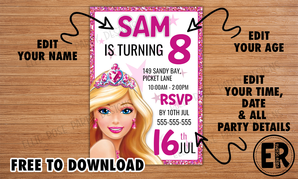 Barbie 10 Personalised Birthday Party Invitations