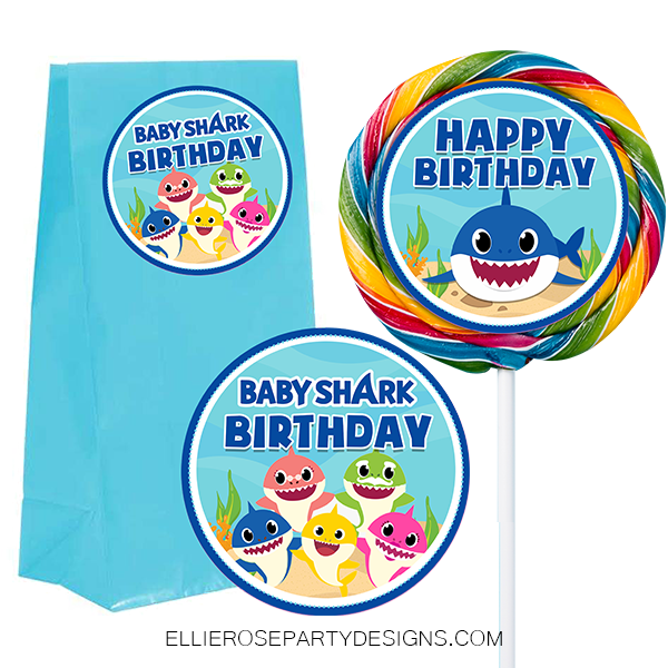 BABY SHARK BLUE FAVOR FAVOUR STICKER TEMPLATE LOLLIPOP SWIRLS